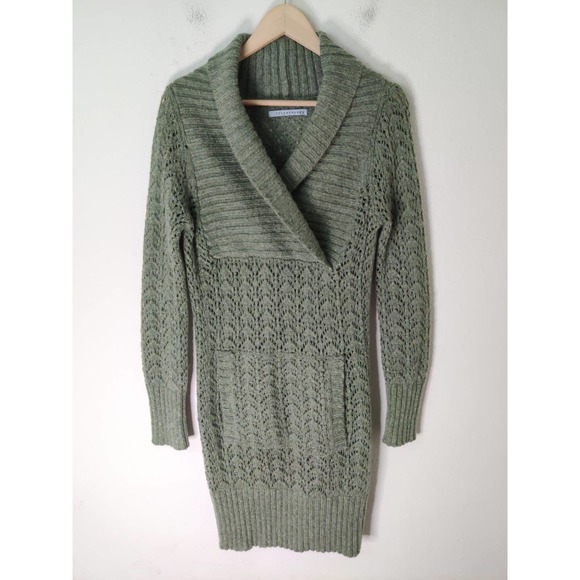 Lily McNeal Dresses & Skirts - Lily McNeal Green Mohair Wool Blend Ribbed Crochet Knit Sweater Dress Hoodie XS
